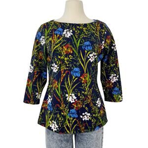 J. McLaughlin Catalina Cloth Blouse Top 3/4 Sleeve Boat-Neck Navy Floral M